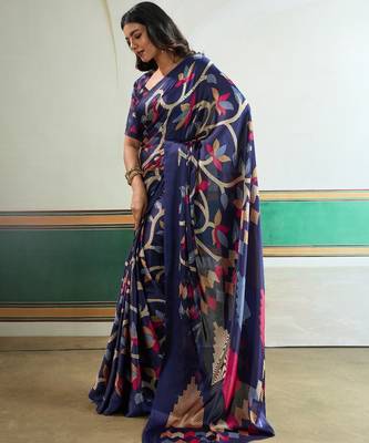 Blue color soft modal satin ajrakh print saree  timeless ethnic collection 5