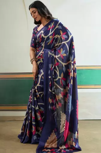 Blue color soft modal satin ajrakh print saree timeless ethnic collection