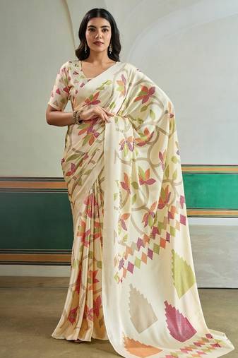 Cream color soft modal satin ajrakh print saree     timeless ethnic collection