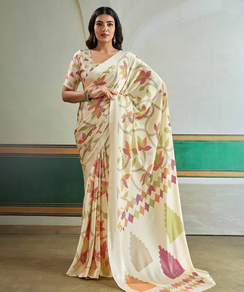 Cream color soft modal satin ajrakh print saree – timeless ethnic collection
