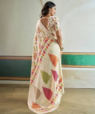 Cream color soft modal satin ajrakh print saree  timeless ethnic collection 2