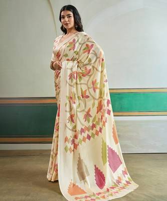 Cream color soft modal satin ajrakh print saree  timeless ethnic collection 3