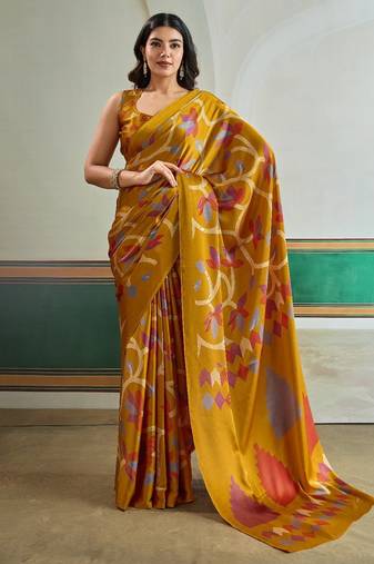 Mustard color soft modal satin ajrakh print saree     timeless ethnic collection