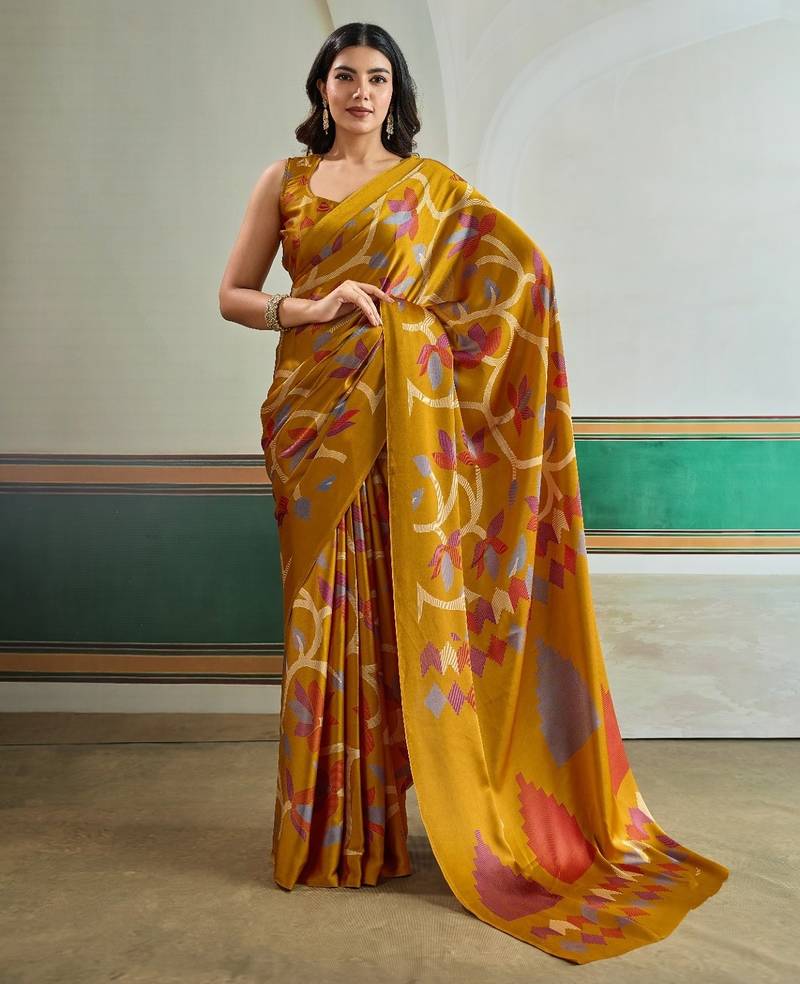 Mustard color soft modal satin ajrakh print saree – timeless ethnic collection