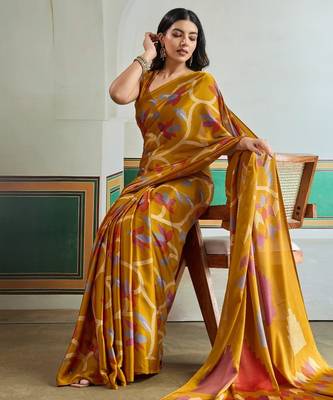 Mustard color soft modal satin ajrakh print saree  timeless ethnic collection 2