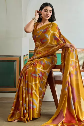 Mustard color soft modal satin ajrakh print saree  timeless ethnic collection