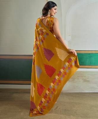 Mustard color soft modal satin ajrakh print saree  timeless ethnic collection 3
