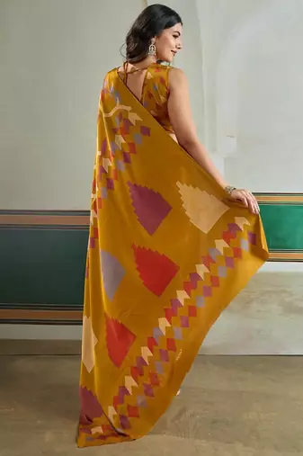 Mustard color soft modal satin ajrakh print saree  timeless ethnic collection