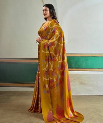 Mustard color soft modal satin ajrakh print saree  timeless ethnic collection 4