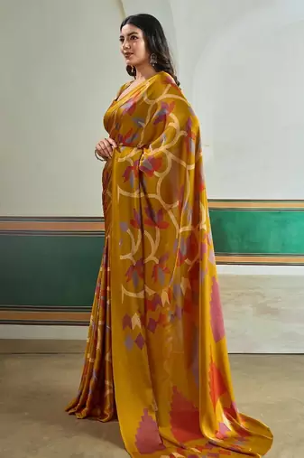 Mustard color soft modal satin ajrakh print saree  timeless ethnic collection