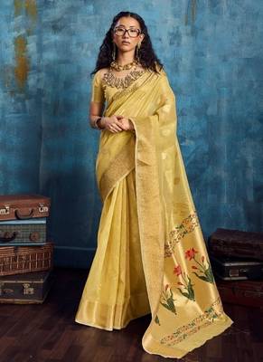 Yellow color luxurious zari tissue saree  classic ethnic collection 1