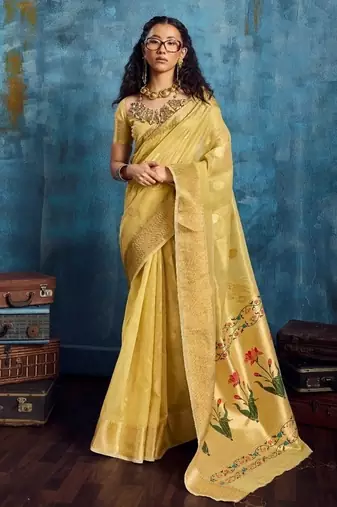 Yellow color luxurious zari tissue handloom saree – classic ethnic collection