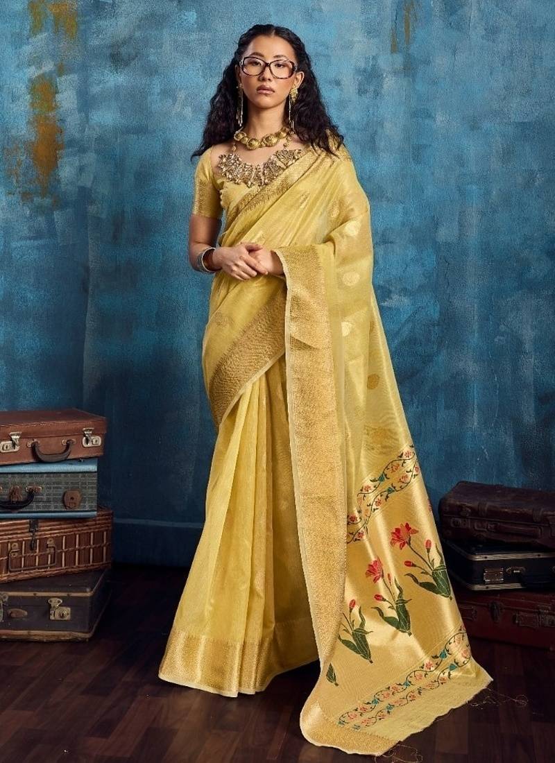 Yellow color luxurious zari tissue handloom saree – classic ethnic collection