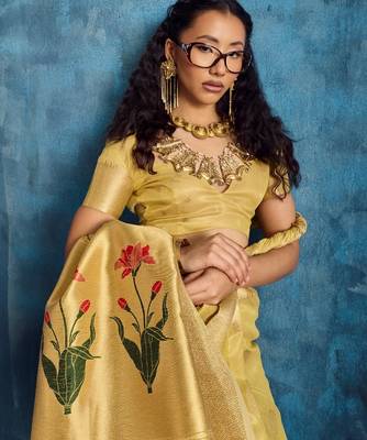 Yellow color luxurious zari tissue saree  classic ethnic collection 4