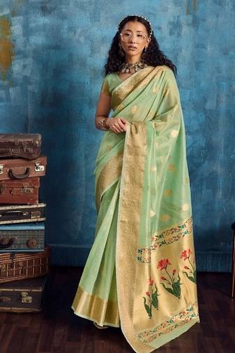 Light green color luxurious zari tissue handloom saree – classic ethnic collection