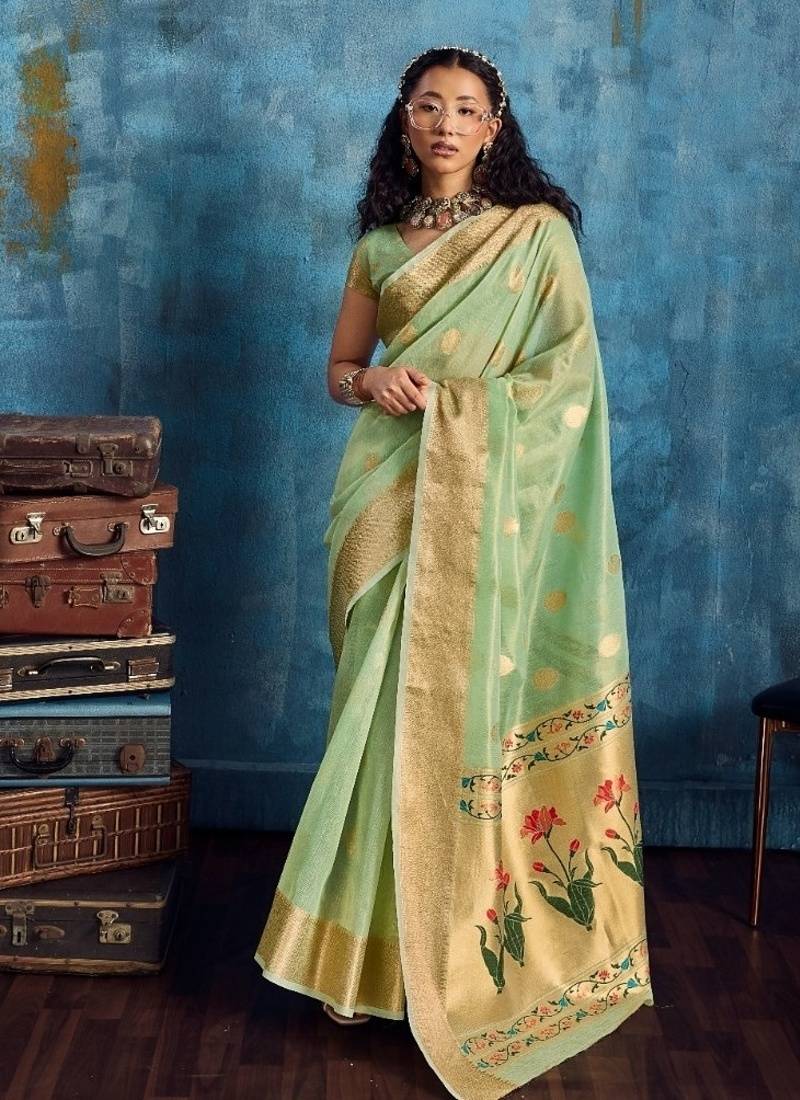 Light green color luxurious zari tissue handloom saree – classic ethnic collection