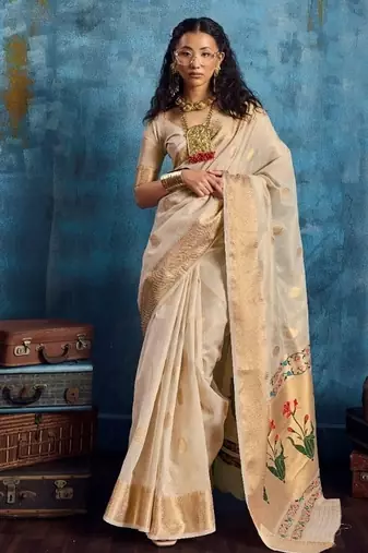 Cream luxurious zari tissue handloom saree – classic ethnic collection