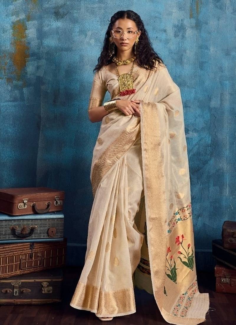 Cream luxurious zari tissue handloom saree – classic ethnic collection