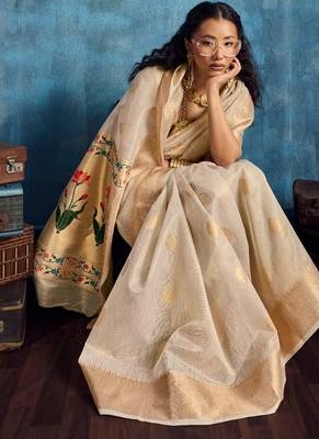 Cream luxurious zari tissue saree  classic ethnic collection 4