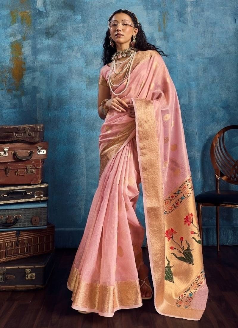 Pink luxurious zari tissue handloom saree – classic ethnic collection