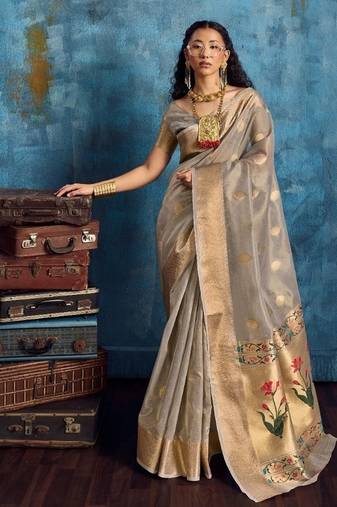 Grey color luxurious zari tissue handloom saree – classic ethnic collection