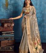 Grey color luxurious zari tissue handloom saree – classic ethnic collection