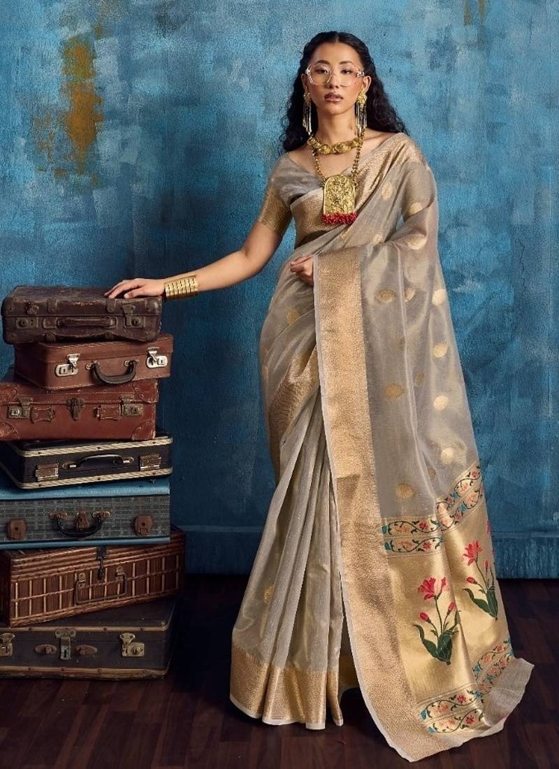 Grey color luxurious zari tissue handloom saree – classic ethnic collection