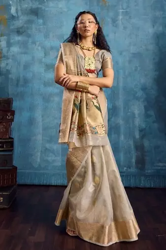 Grey color luxurious zari tissue saree  classic ethnic collection