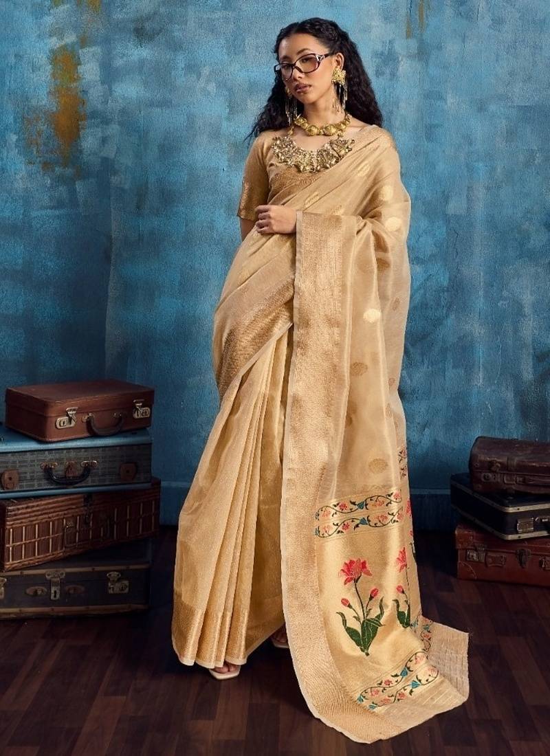 Light brown color luxurious zari tissue handloom saree – classic ethnic collection