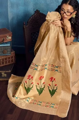 Light brown color luxurious zari tissue saree  classic ethnic collection