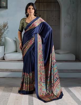 Blue color soft modal satin ajrakh print saree  timeless ethnic collection 1