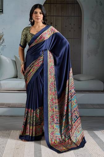 Blue color soft modal satin ajrakh print saree – timeless ethnic collection