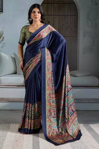 Blue color soft modal satin ajrakh print saree – timeless ethnic collection