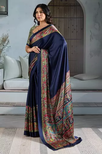 Blue color soft modal satin ajrakh print saree timeless ethnic collection