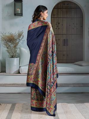 Blue color soft modal satin ajrakh print saree  timeless ethnic collection 4