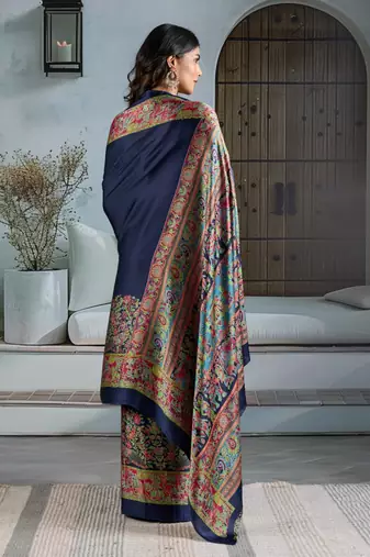 Blue color soft modal satin ajrakh print saree timeless ethnic collection