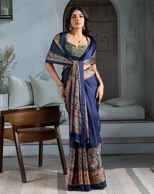 Blue color soft modal satin ajrakh print saree  timeless ethnic collection 5