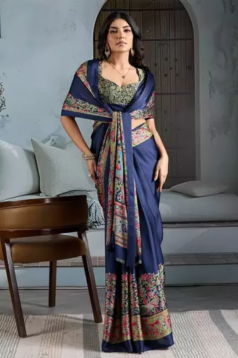 Blue color soft modal satin ajrakh print saree timeless ethnic collection