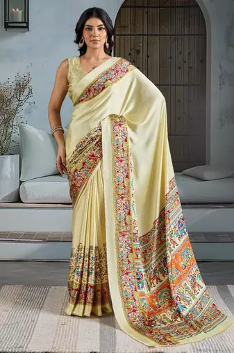 Cream color soft modal satin ajrakh print saree – timeless ethnic collection