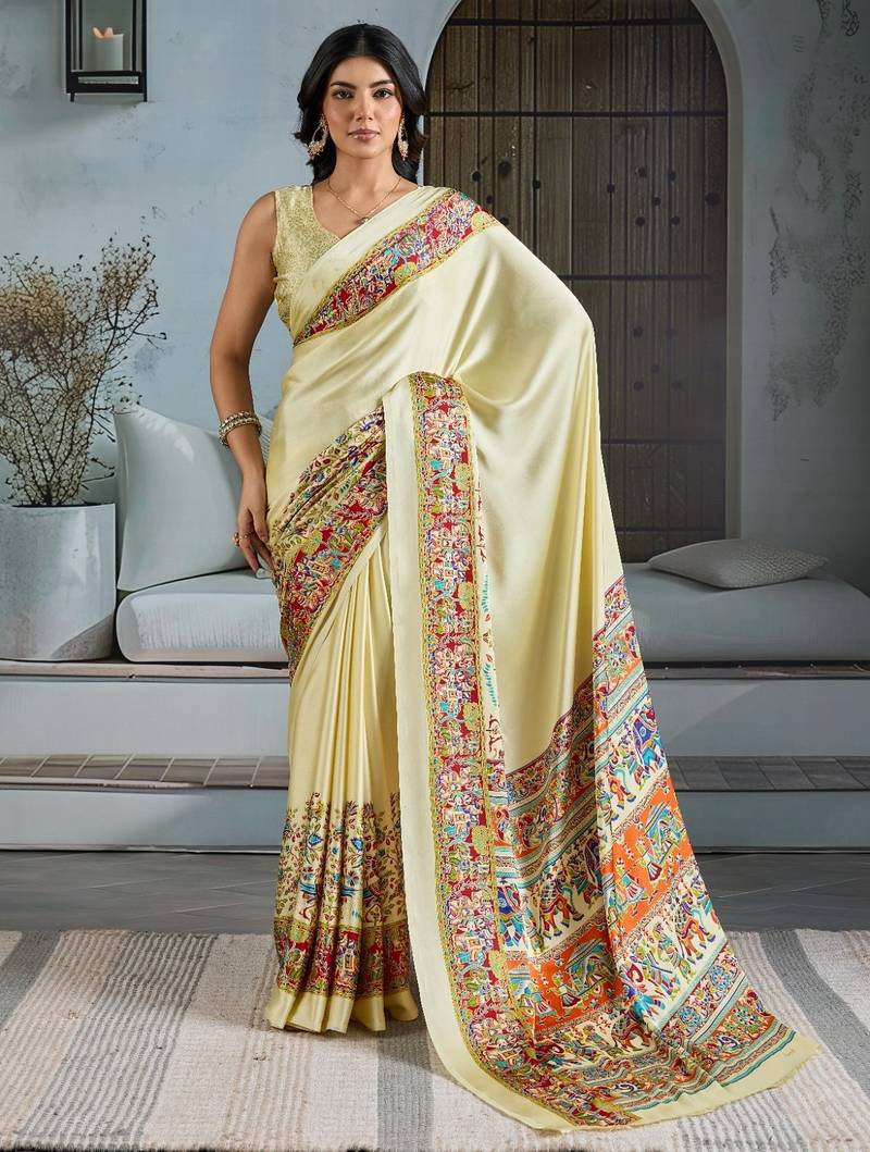 Cream color soft modal satin ajrakh print saree – timeless ethnic collection