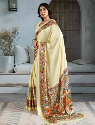Cream color soft modal satin ajrakh print saree  timeless ethnic collection 2