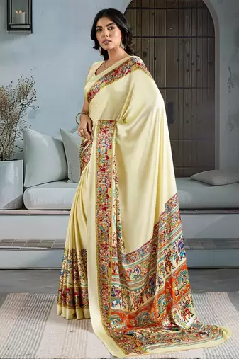 Cream color soft modal satin ajrakh print saree  timeless ethnic collection