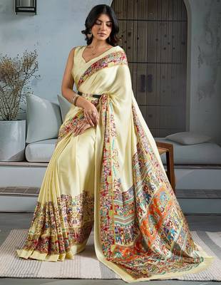 Cream color soft modal satin ajrakh print saree  timeless ethnic collection 4