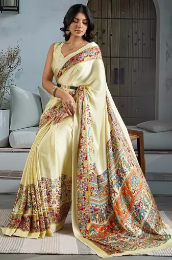 Cream color soft modal satin ajrakh print saree  timeless ethnic collection