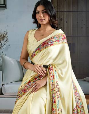 Cream color soft modal satin ajrakh print saree  timeless ethnic collection 5