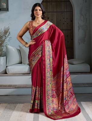 Maroon color soft modal satin ajrakh print saree  timeless ethnic collection 1
