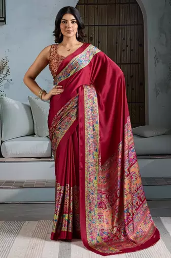 Maroon color soft modal satin ajrakh print saree – timeless ethnic collection