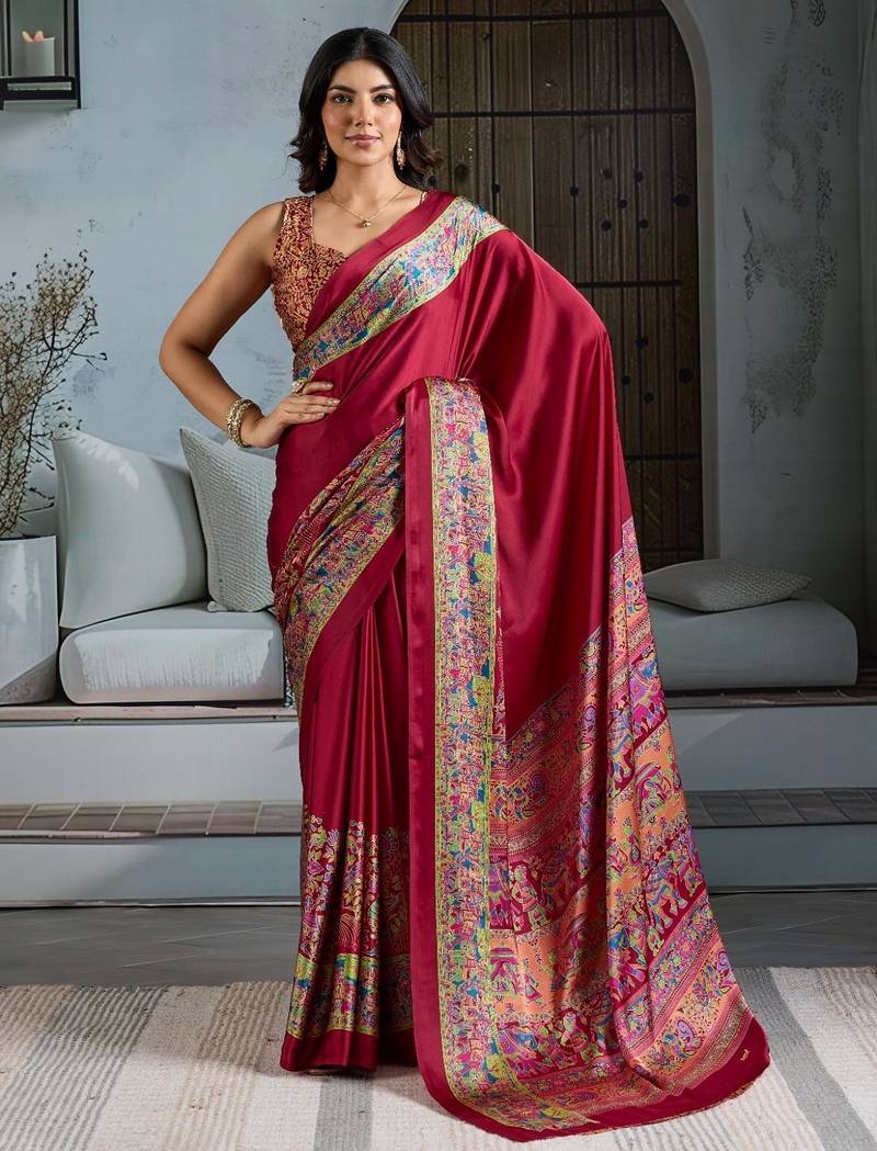Maroon color soft modal satin ajrakh print saree – timeless ethnic collection