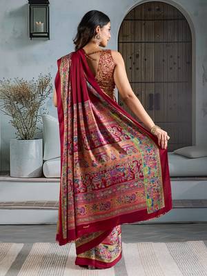 Maroon color soft modal satin ajrakh print saree  timeless ethnic collection 2