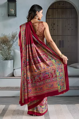 Maroon color soft modal satin ajrakh print saree  timeless ethnic collection